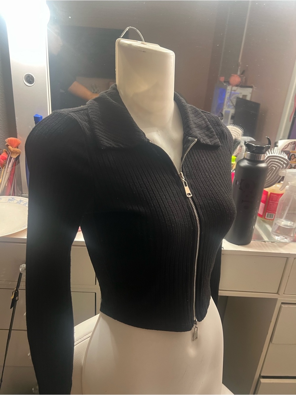 Women's Black Ribbed Zip-Up Bomber Jacket